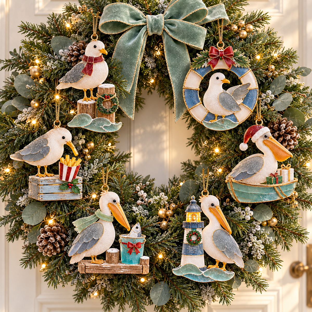 🌊 2026 Coastal Christmas Seabird Ornaments – Set of 6 Festive Seagull & Pelican Keepsakes