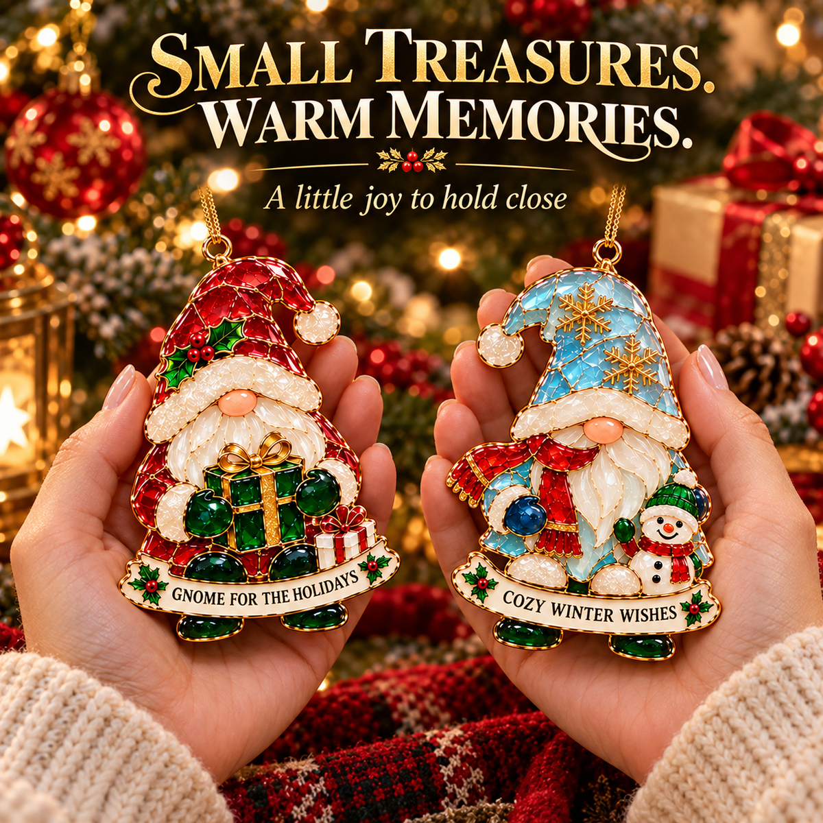 Gnome for the Holidays – 6-Piece Stained Glass–Style Christmas Ornament Set with Heartwarming Wishes