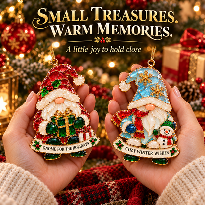 Gnome for the Holidays – 6-Piece Stained Glass–Style Christmas Ornament Set with Heartwarming Wishes