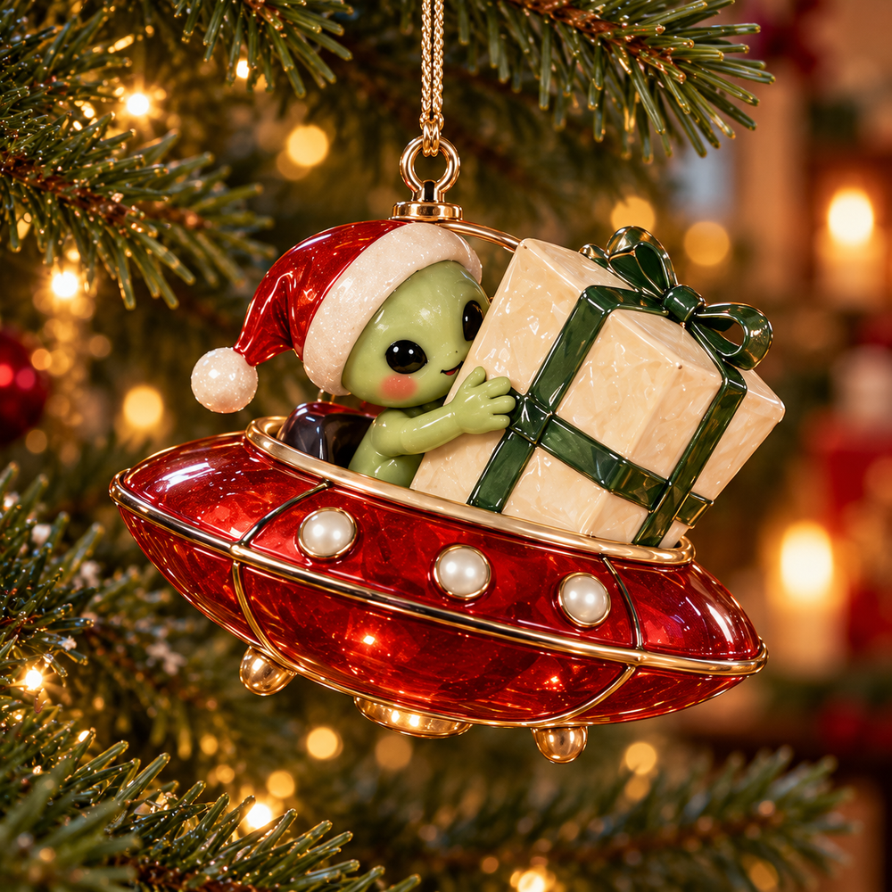 Alien delivering Christmas present in red flying saucer ornament