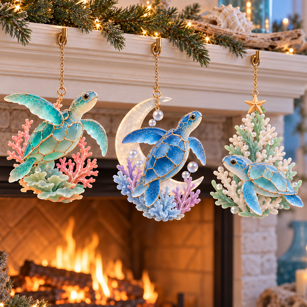 🐢 2026 Ocean Christmas Sea Turtle Ornaments – Set of 6 Coastal Holiday Keepsakes