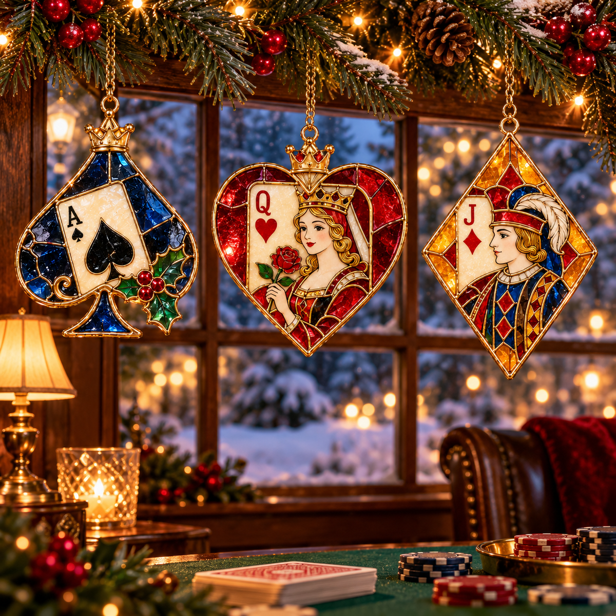 ✨ 2026 Vintage Stained Glass Playing Card Christmas Ornaments – Set of 6 |  Poker Ace, Queen, King, Jack & Joker Hanging Decorations | Casino & Card Game Christmas Tree Ornaments | Unique Gifts for Poker Lovers