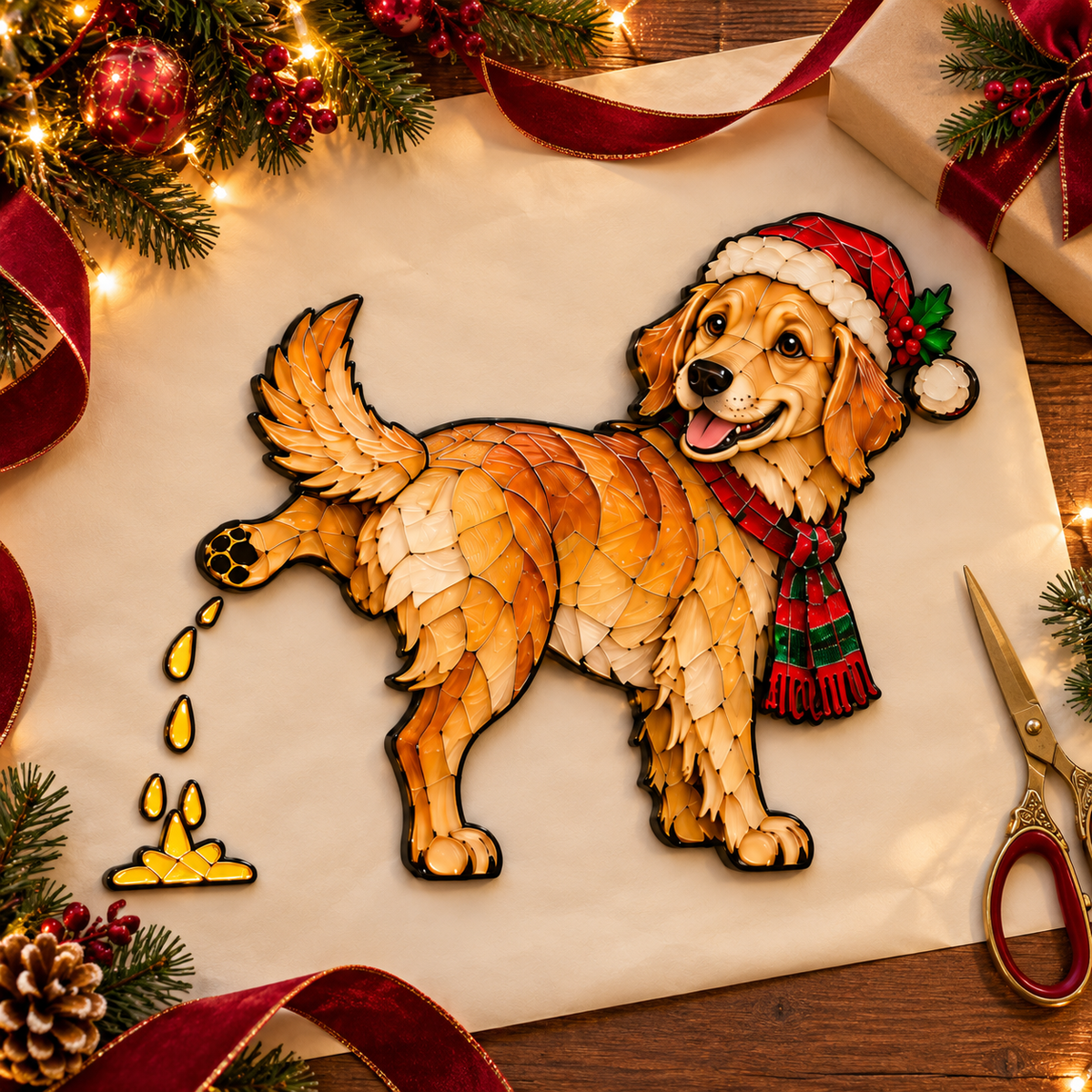 Funny Peeing Golden Retriever Christmas Decoration – Stained Glass-Style Dog Yard Art & Baseboard Decor