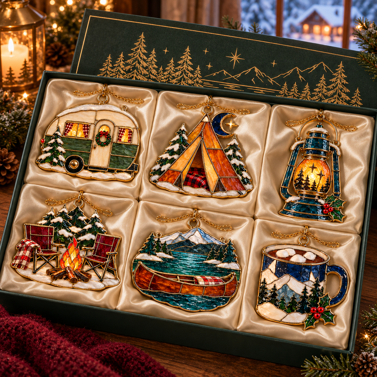 Cozy Christmas Camping — Vintage Stained Glass Style Ornaments, Set of 6