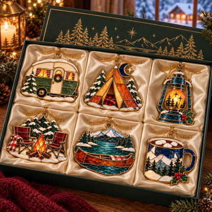 Cozy Christmas Camping — Vintage Stained Glass Style Ornaments, Set of 6