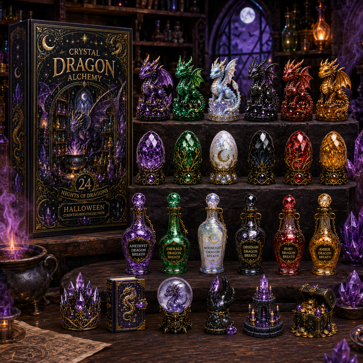Crystal Dragon Alchemy Halloween Countdown Collection – 24 Nights of Dragons, Crystal Eggs & Magical Potion Miniatures for Fantasy Collectors