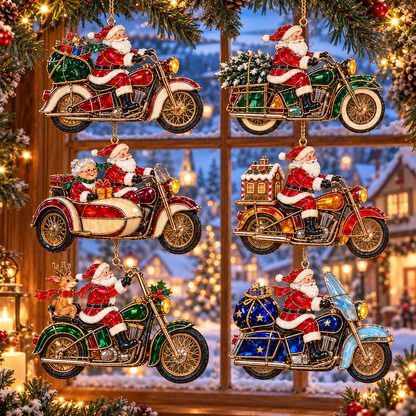 🏍️ 2026 Santa Claus Motorcycle Christmas Ornaments – Set of 6 Vintage Holiday Biker Keepsakes