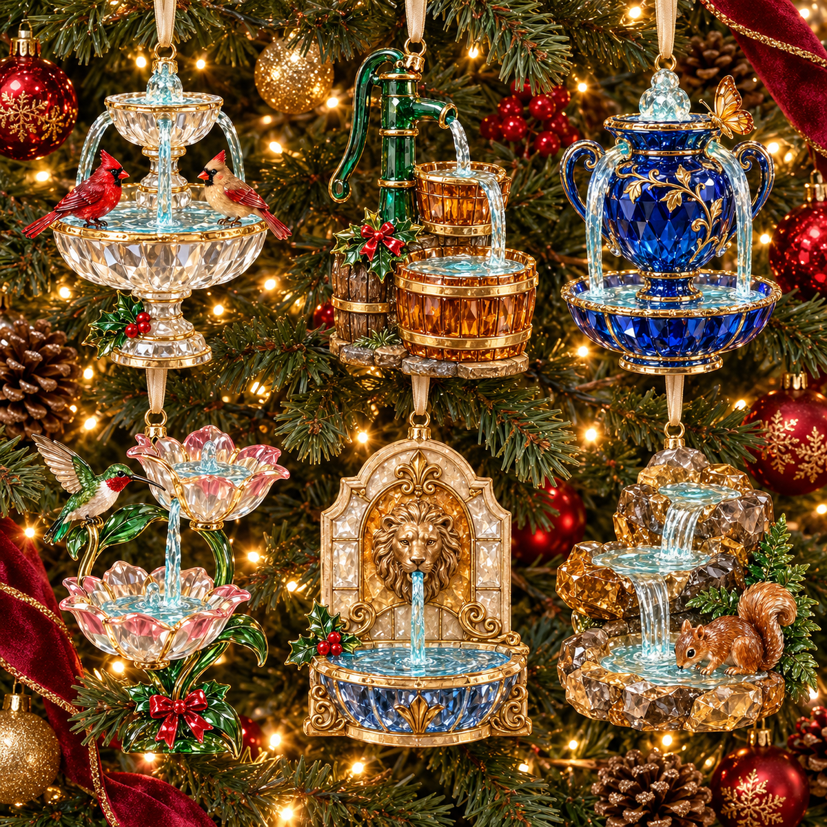 Vintage Crystal Fountain Christmas Ornaments – 6-Piece Enchanted Water Fountain Collection | Elegant Holiday Decorations & Unique Christmas Gifts 🎄✨