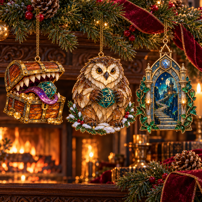 Enchanted Realms – 6-Piece Vintage Stained Glass-Style Fantasy Christmas Ornament Set