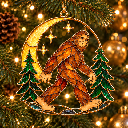 Woodland Wonders – Vintage Stained Glass Style Bigfoot Christmas Ornaments, Set of 6