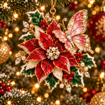 Butterfly Christmas Ornament  –  Elegant Holiday Keepsake Collection, Poinsettia & Rose Christmas Gift for Mom, Grandma & Butterfly Lovers