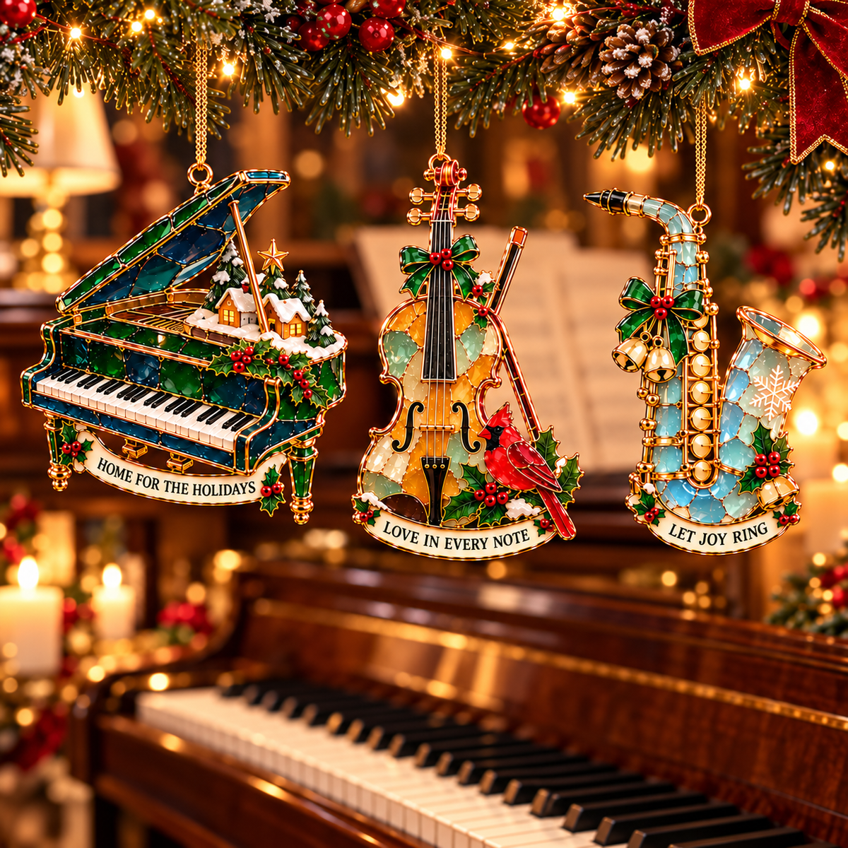 Christmas Melodies – 6-Piece Stained-Glass-Style Musical Instrument Ornament Set | A Christmas Gift for Music Lovers