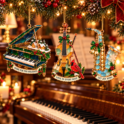 Christmas Melodies – 6-Piece Stained-Glass-Style Musical Instrument Ornament Set | A Christmas Gift for Music Lovers