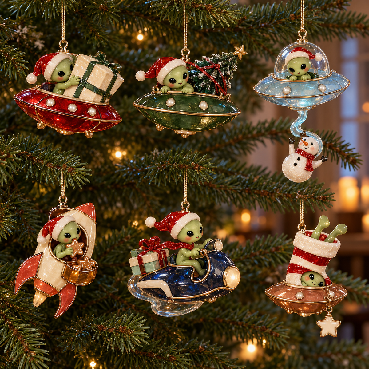Complete set of six alien Christmas ornaments hanging together on evergreen tree
