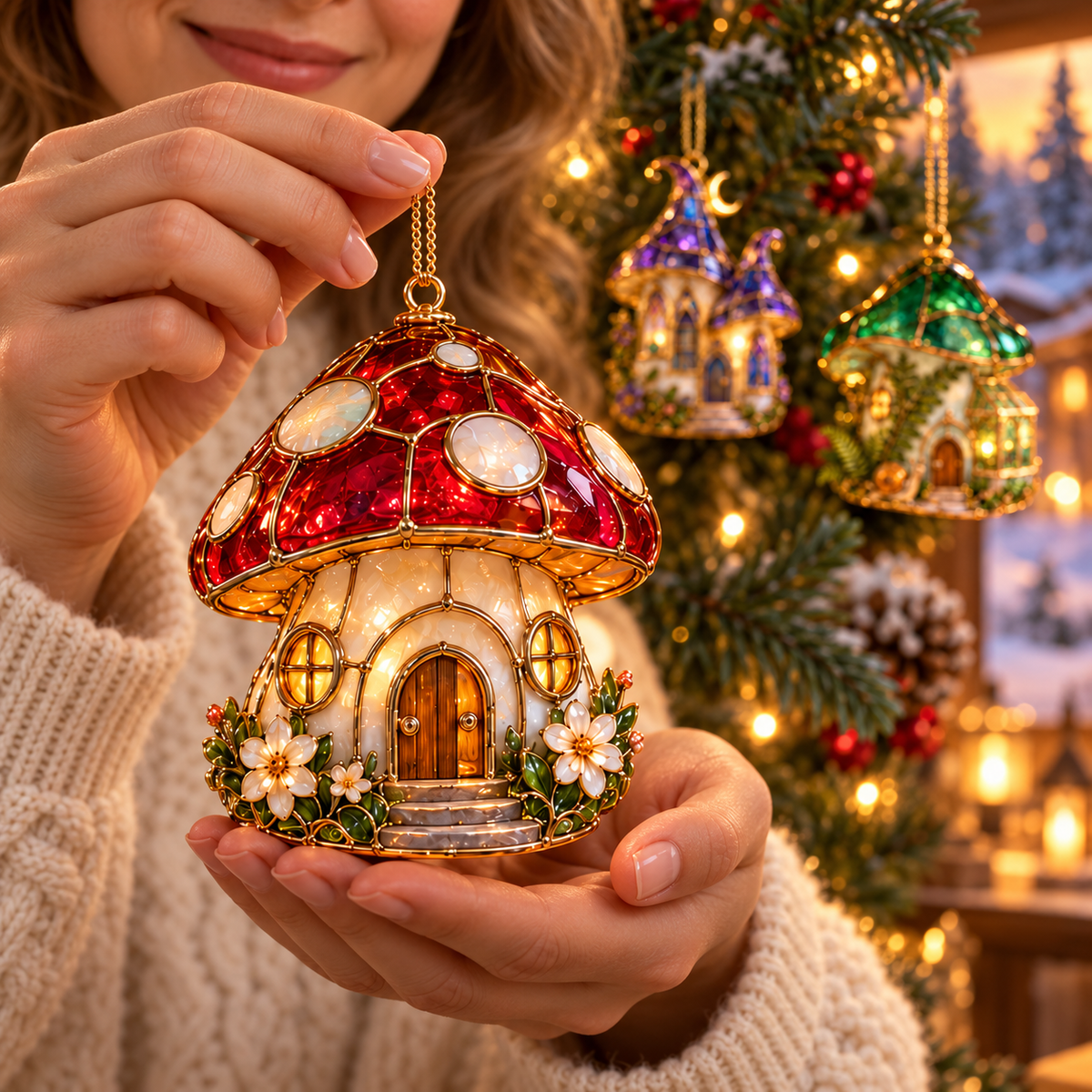 ✨ 2026 Enchanted Stained Glass Mushroom House Christmas Ornaments – Set of 6 | Fairy Cottage, Magical Forest, Moonlight Mushroom & Butterfly House Hanging Decorations | Whimsical Christmas Tree Ornaments & Fairy Garden Gifts