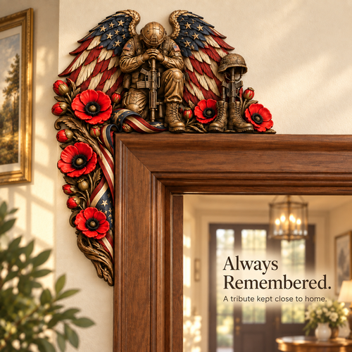 Fallen Hero Memorial Door Frame Corner Décor – Patriotic Angel Wings, Soldier’s Cross & Red Poppy Veteran Remembrance Tribute