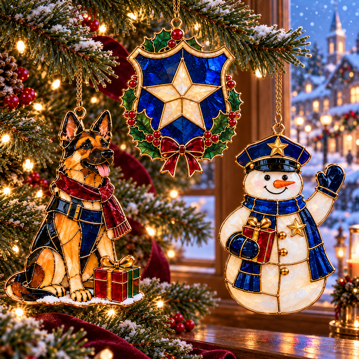 ✨ 2026 Police Christmas Ornaments – Set of 6 | Vintage Stained Glass Police Car, K9 Dog, Motorcycle & Badge Hanging Decorations | Law Enforcement Christmas Tree Ornaments & Gifts for Police Officers