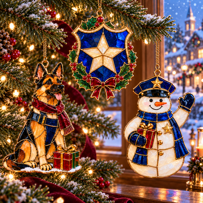 ✨ 2026 Police Christmas Ornaments – Set of 6 | Vintage Stained Glass Police Car, K9 Dog, Motorcycle & Badge Hanging Decorations | Law Enforcement Christmas Tree Ornaments & Gifts for Police Officers