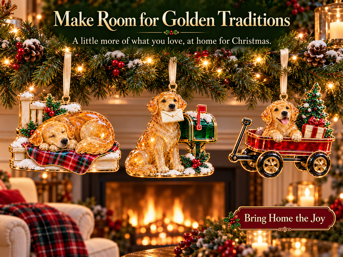 Golden Retriever nap mail and wagon ornaments hanging above Christmas fireplace