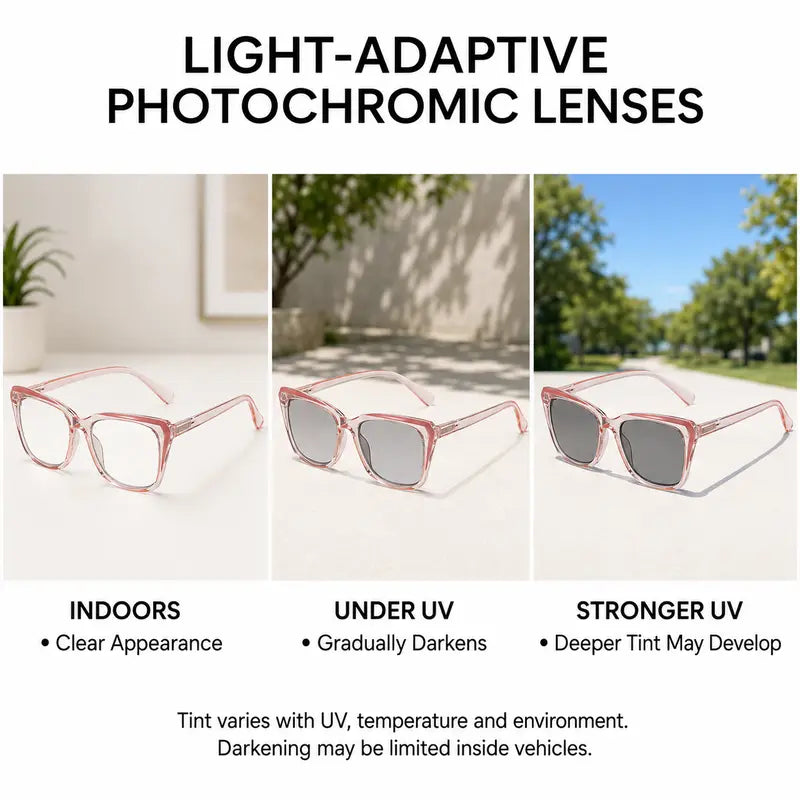 Progressive Photochromic Readers for Women, Pink Square Multifocal Reading Glasses 🕶️