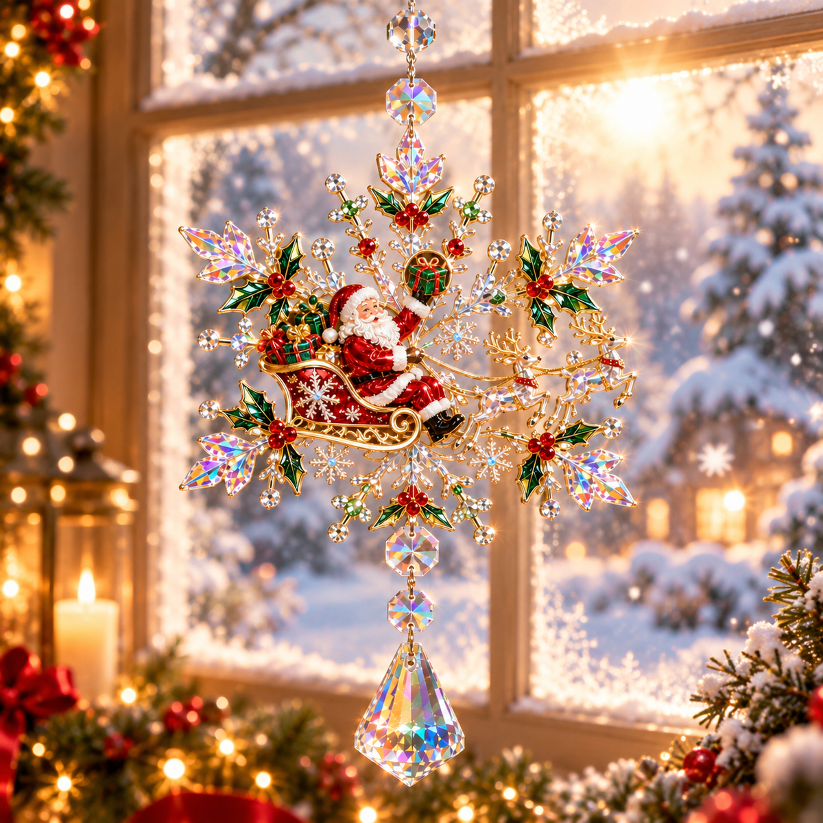 2026 Santa Sleigh Crystal Snowflake Ornament – Sparkling Reindeer & Holly Christmas Suncatcher, Elegant Holiday Tree Decoration & Keepsake Gift