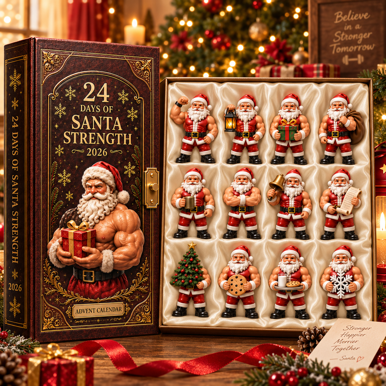 2026 Santa Strength 24-Day Countdown Calendar – 24 Unique Muscular Santa Miniatures, Funny Fitness Christmas Collectible Gift for Gym & Santa Lovers