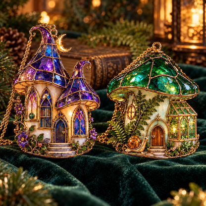 ✨ 2026 Enchanted Stained Glass Mushroom House Christmas Ornaments – Set of 6 | Fairy Cottage, Magical Forest, Moonlight Mushroom & Butterfly House Hanging Decorations | Whimsical Christmas Tree Ornaments & Fairy Garden Gifts