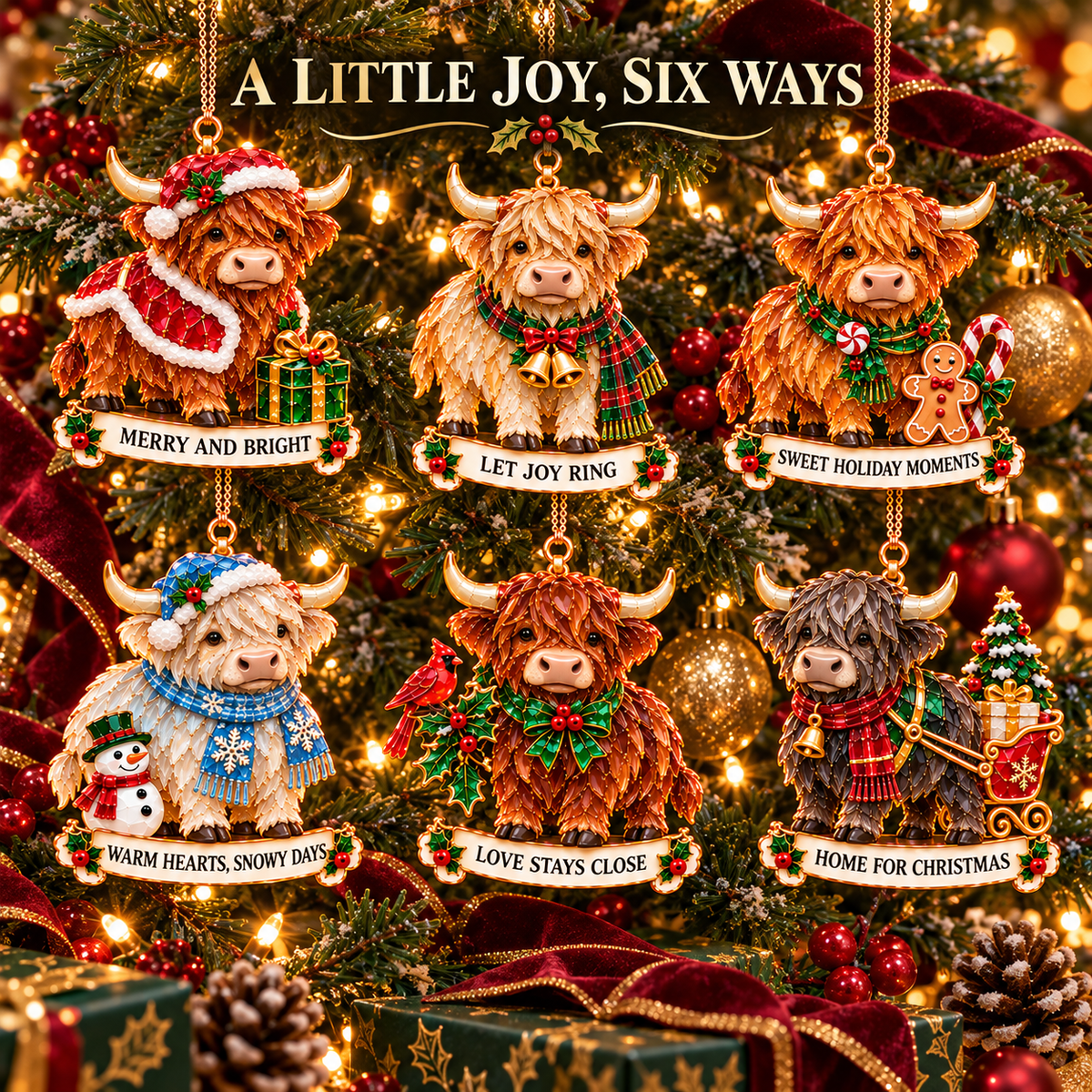 2026 Highland Cow Christmas Ornaments – 6 Festive Designs with Stained-Glass Charm & Heartwarming Wishes