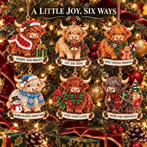 2026 Highland Cow Christmas Ornaments – 6 Festive Designs with Stained-Glass Charm & Heartwarming Wishes