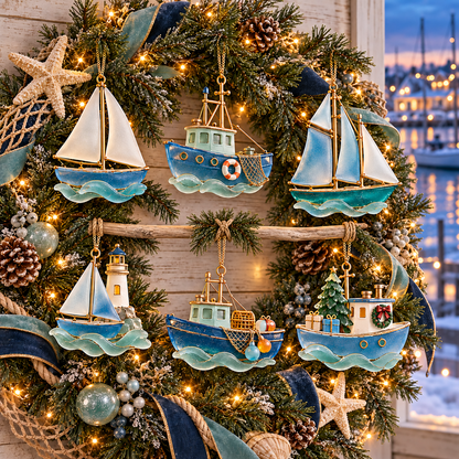 🌊 2026 Coastal Christmas Boat Ornaments – Set of 6 Nautical Holiday Keepsakes