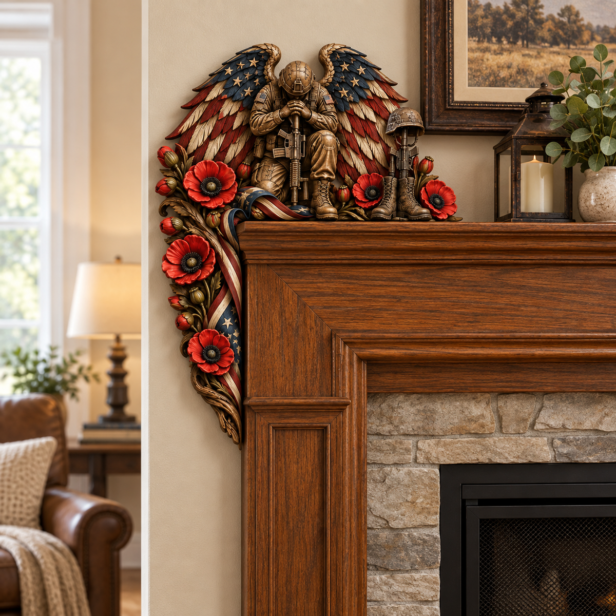 Fallen Hero Memorial Door Frame Corner Décor – Patriotic Angel Wings, Soldier’s Cross & Red Poppy Veteran Remembrance Tribute