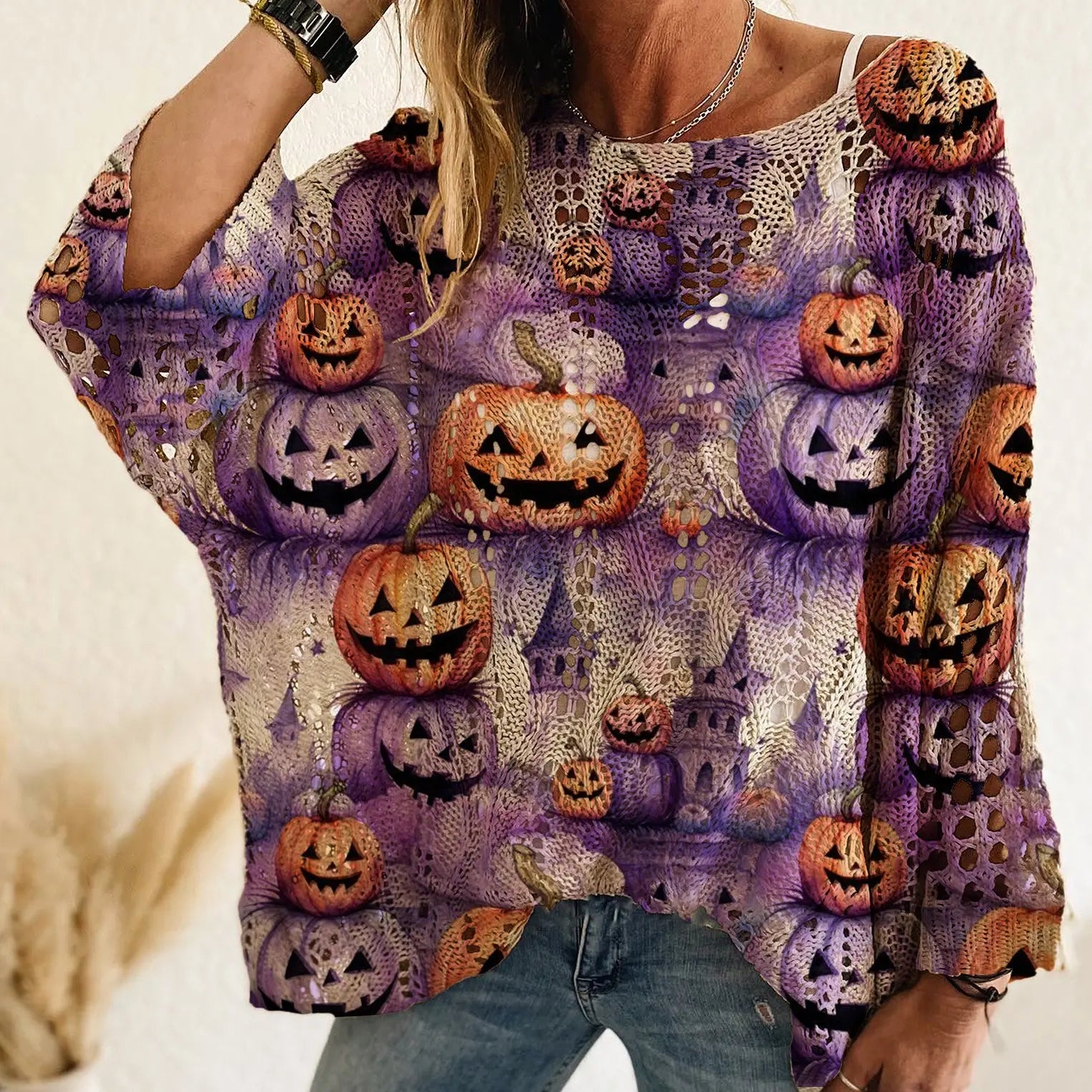 Women's Long-Sleeve Style Knitwear Piece, Halloween Pumpkin-Bat Print Casual Fall Pullover🎃 - image 14