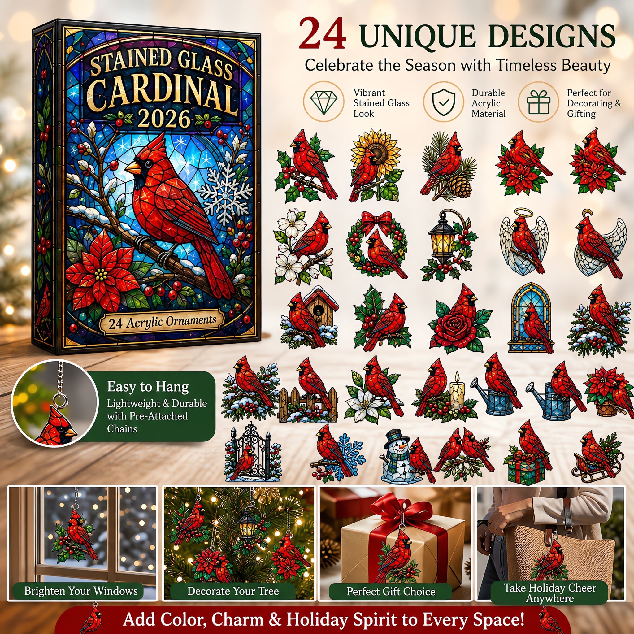 🔥Last 50 pcs✨Stained Glass Cardinal Advent Calendar 2026 - 24-Day Festive Countdown, Acrylic Charms Blind Box