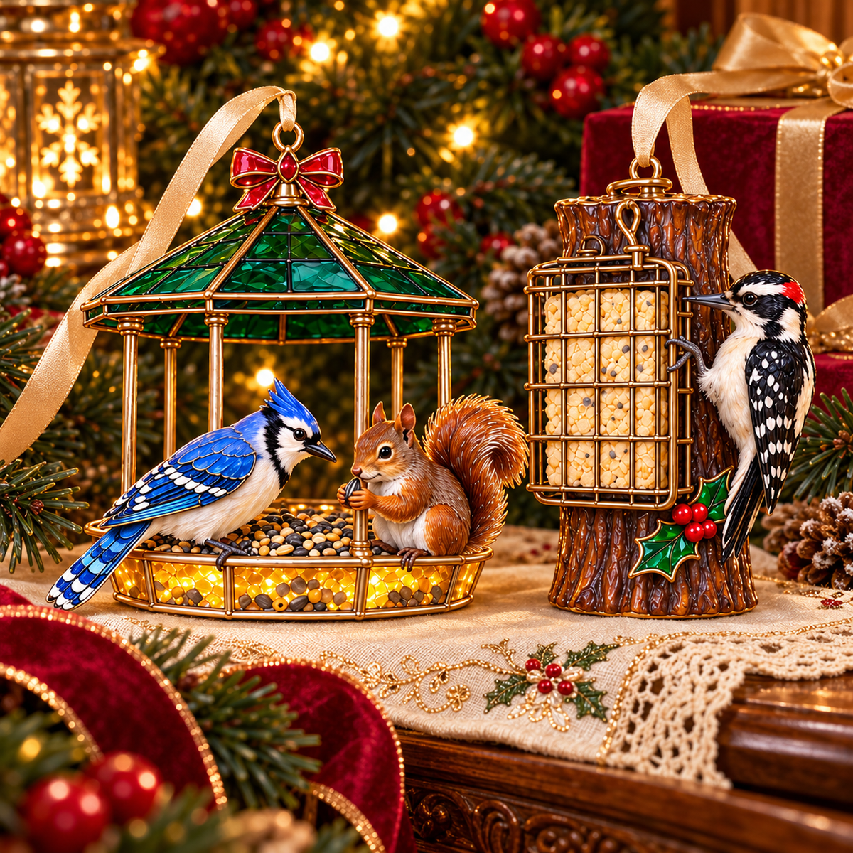 Vintage Bird Feeder Christmas Ornaments – 6-Piece Stained Glass-Style Backyard Birds Collection