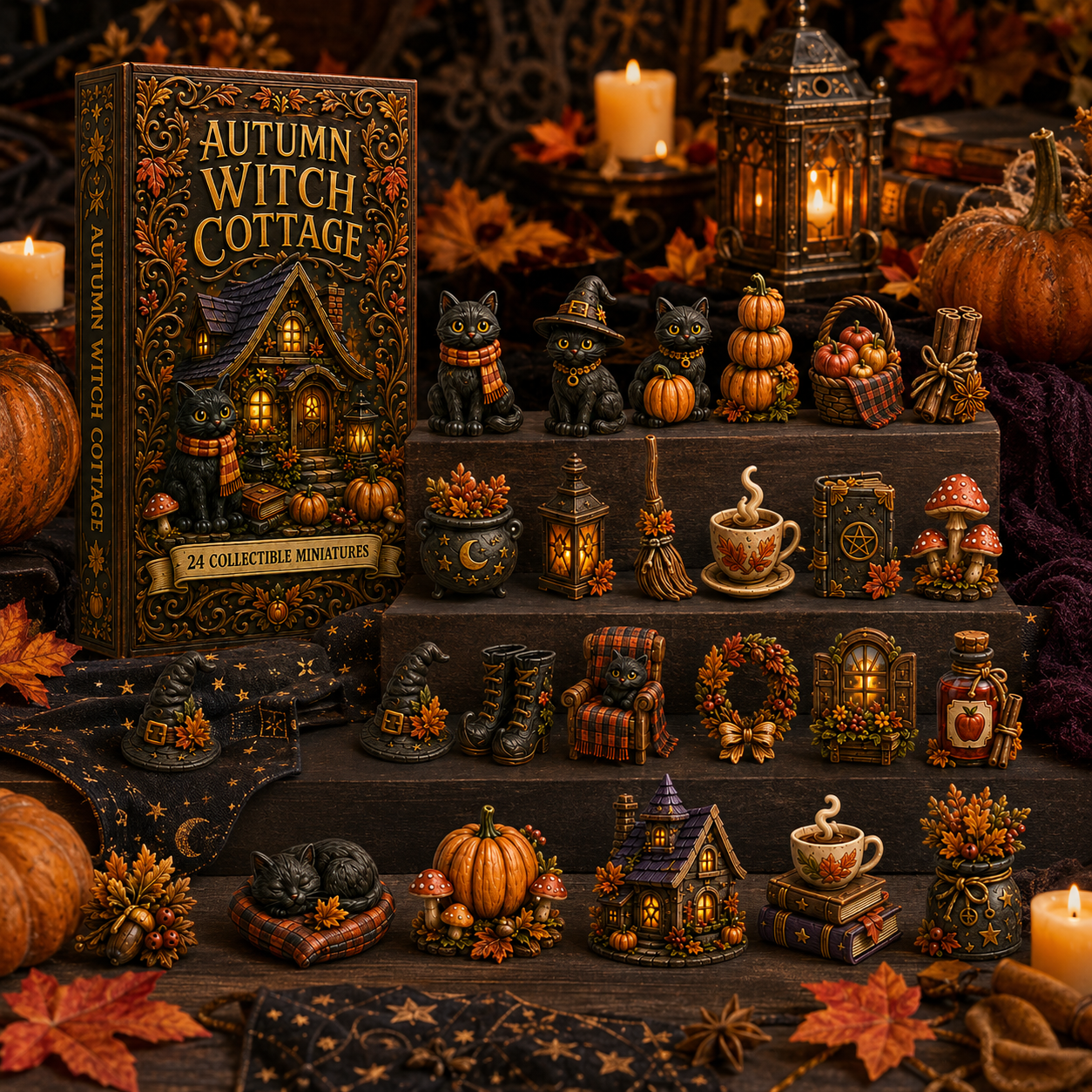 Autumn Witch Cottage Advent Calendar 2026 – 24 Cozy Witchy Miniatures, Black Cat Collectibles & Magical Fall Cottage Surprises, Acrylic Charms Blind Box