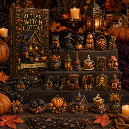 Autumn Witch Cottage Advent Calendar 2026 – 24 Cozy Witchy Miniatures, Black Cat Collectibles & Magical Fall Cottage Surprises, Acrylic Charms Blind Box