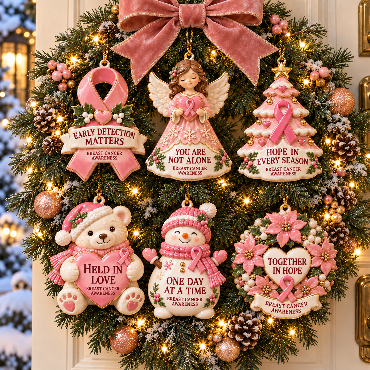 Pink Ribbon Christmas Ornaments – 6-Piece Breast Cancer Awareness Gift Set of Hope, Love & Support