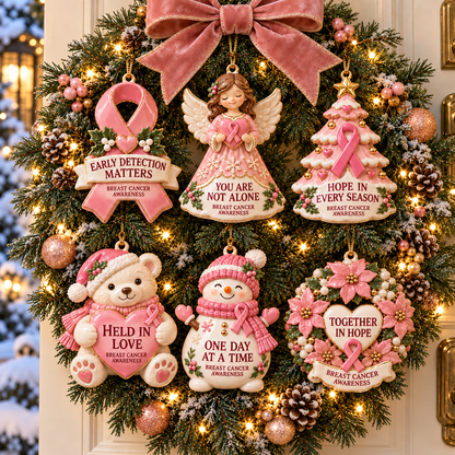 Pink Ribbon Christmas Ornaments – 6-Piece Breast Cancer Awareness Gift Set of Hope, Love & Support