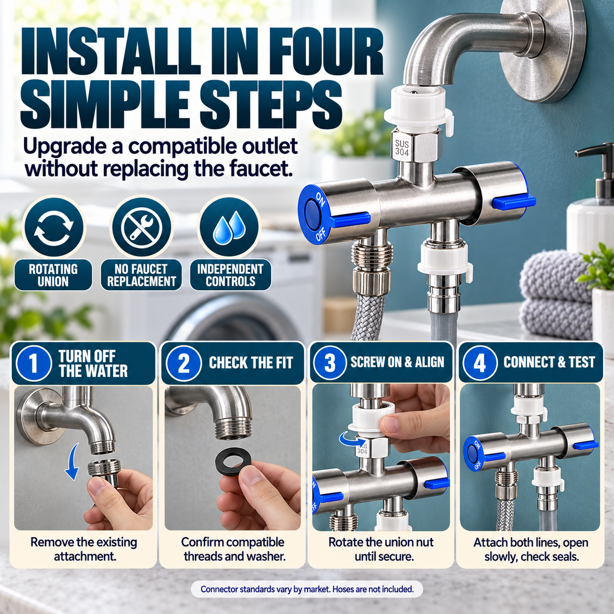 🚿 SUS 304 Dual-Control Faucet Splitter – 2-Way Hose & Washing Machine Adapter - image 5