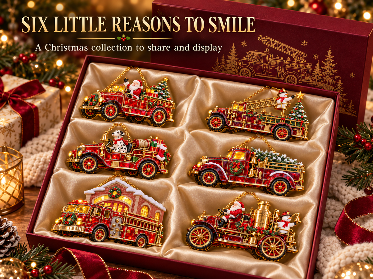 Six Fire Truck Christmas Ornaments in Satin Gift Box