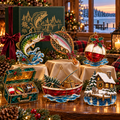 Reel in the Christmas Magic — Vintage Stained Glass–Style Fishing Ornaments, Set of 6
