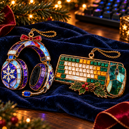 Level Up Your Christmas – 6-Piece Vintage Stained Glass Gaming Ornament Set