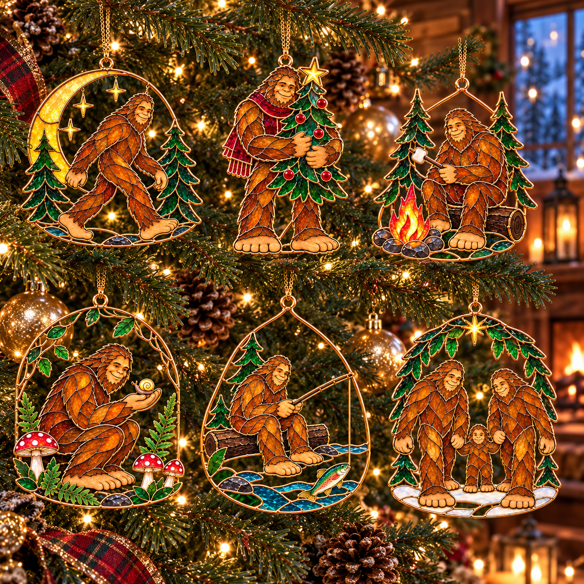 Woodland Wonders – Vintage Stained Glass Style Bigfoot Christmas Ornaments, Set of 6