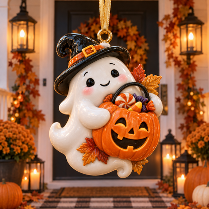 Cute Ghost & Pumpkin Halloween Ornament  –  Spooky-Cute Hanging Keepsake Collection, Fun Halloween Gift for Family & Ghost Lovers