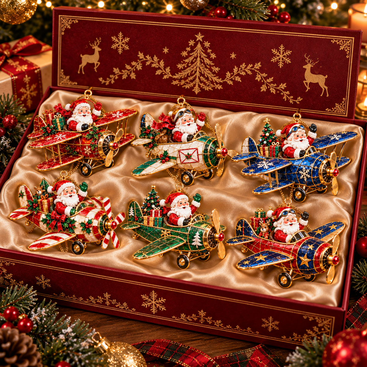 Santa’s Christmas Flight – 6-Piece Vintage Santa Airplane Ornaments Collection | Christmas Tree Decorations & Holiday Gift