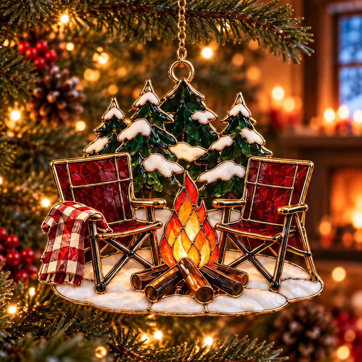 Cozy Christmas Camping — Vintage Stained Glass Style Ornaments, Set of 6