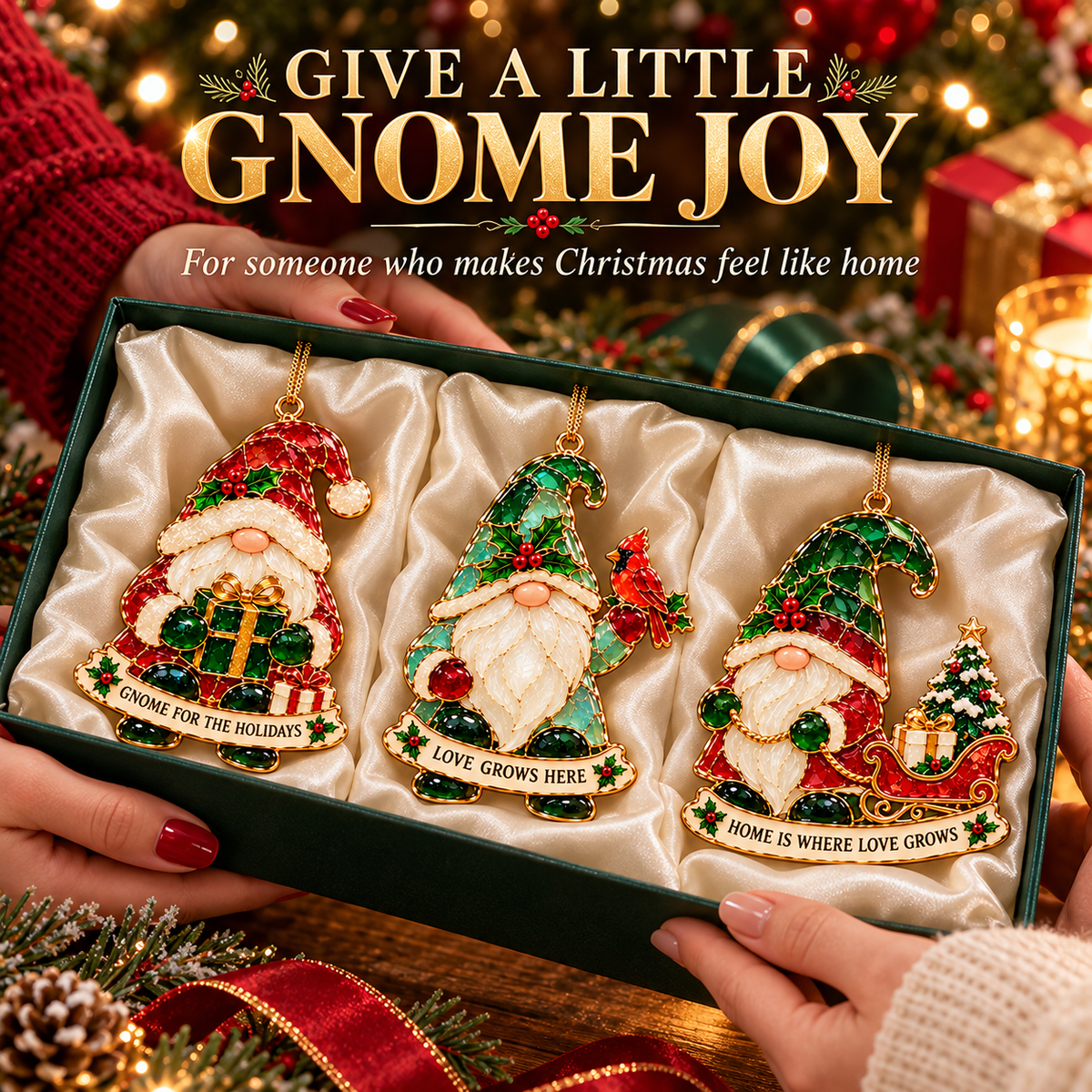 Gnome for the Holidays – 6-Piece Stained Glass–Style Christmas Ornament Set with Heartwarming Wishes