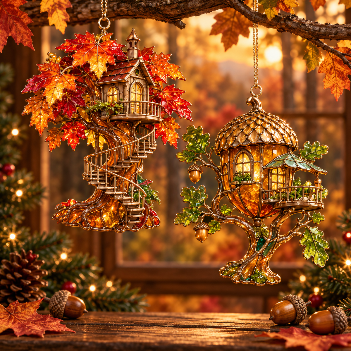 ✨ 2026 Enchanted Stained Glass Treehouse Christmas Ornaments – Set of 6 |  Fairy Tree Houses, Autumn Maple, Acorn Cottage & Moonlight Willow Hanging Decorations | Magical Christmas Tree Ornaments & Fairy Garden Gifts