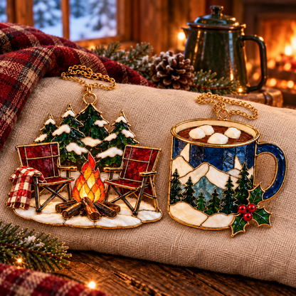 Cozy Christmas Camping — Vintage Stained Glass Style Ornaments, Set of 6
