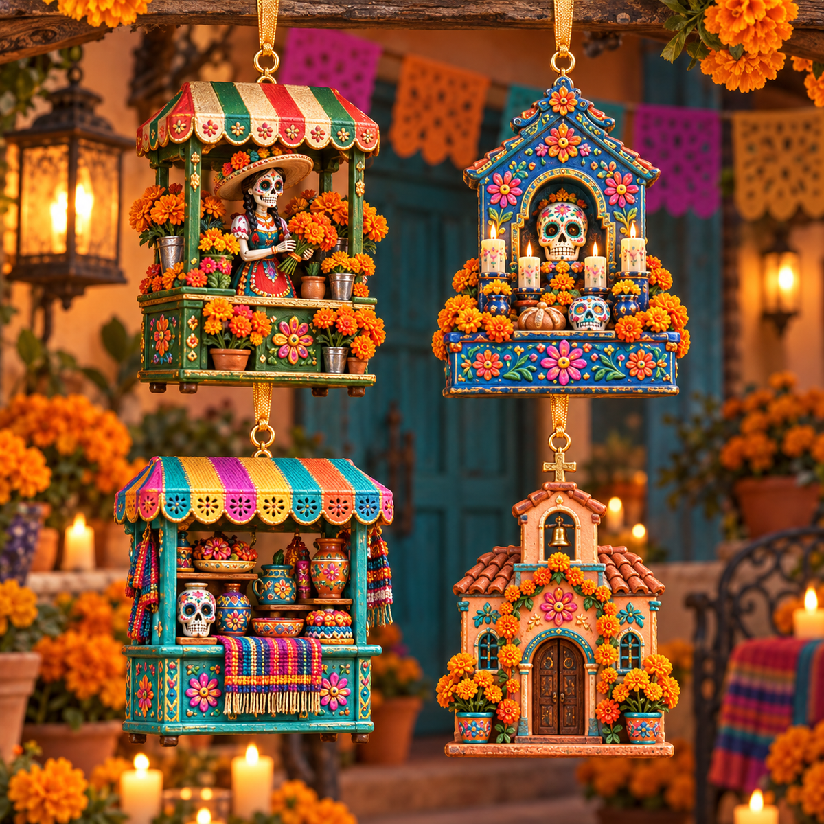 2026 Día de Muertos Village Ornaments – Miniature Market & Marigold Keepsake Collection